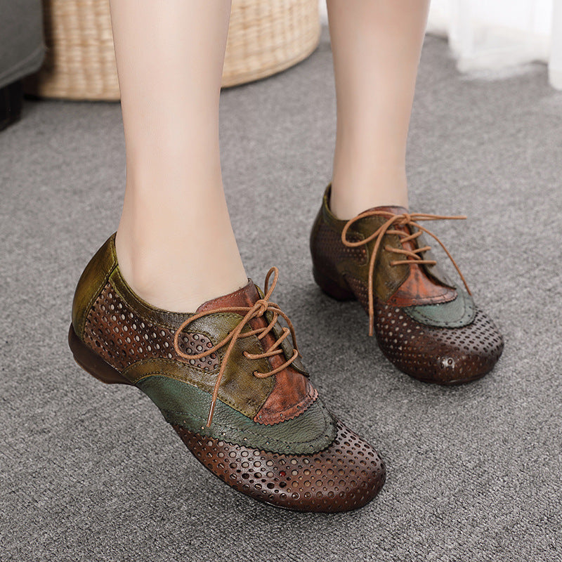 Women's Style Hand-rub Color Cowhide Hole Round Toe Comfortable Rainbow Artistic Men's Shoes