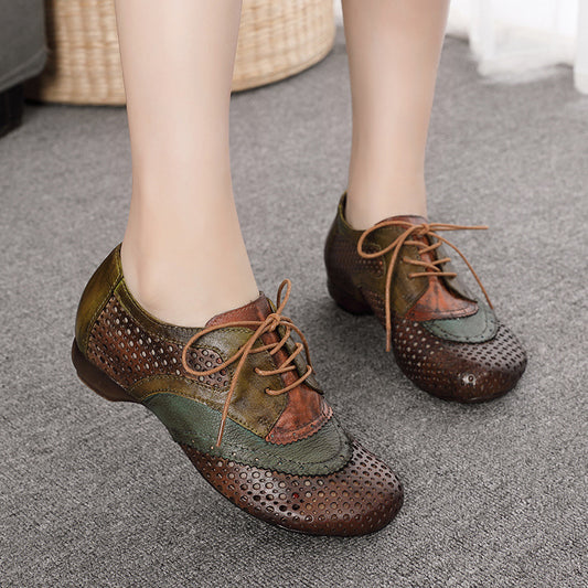 Women's Style Hand-rub Color Cowhide Hole Round Toe Comfortable Rainbow Artistic Men's Shoes