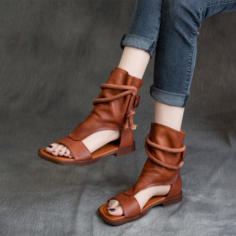 Summer Handmade Genuine Retro Bottom Soft Back Zipper Peep Boots