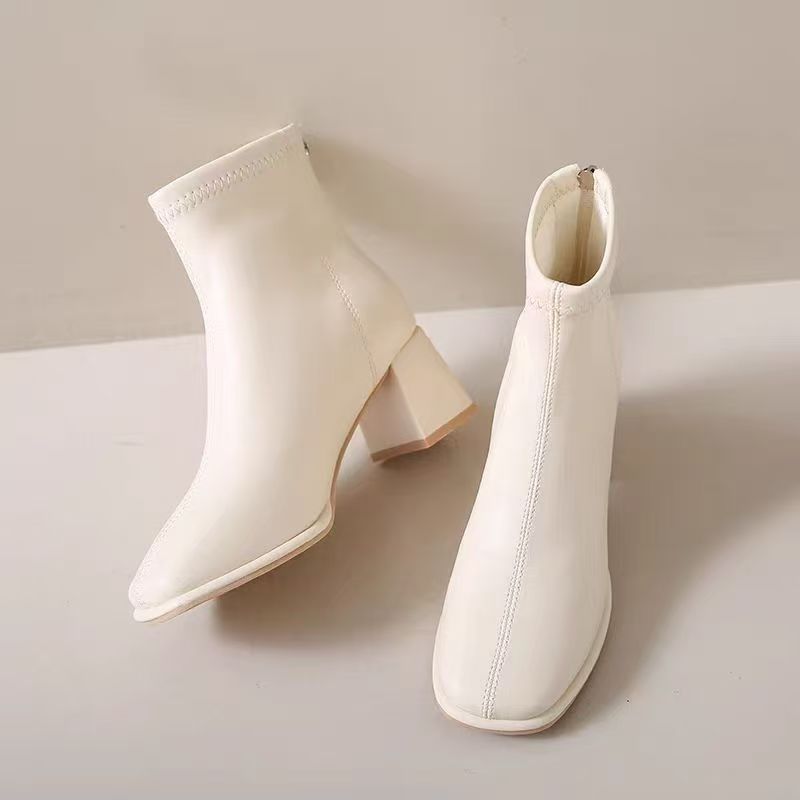 Women's Skinny Slimming Martin Square Toe Ankle Fleece-lined Small Fashionable White Women's Leather Boots