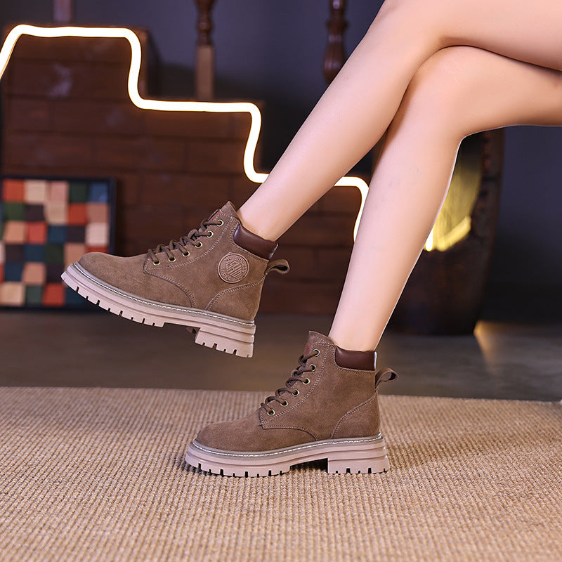 Full Cowhide Martin Female Autumn Frosted Rhubarb Ankle Boots