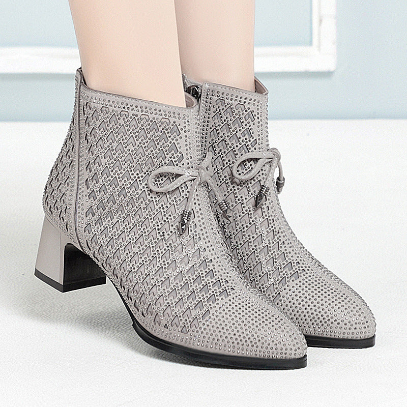 Women's Rhinestone Summer Mid Ankle Chunky Breathable Boots