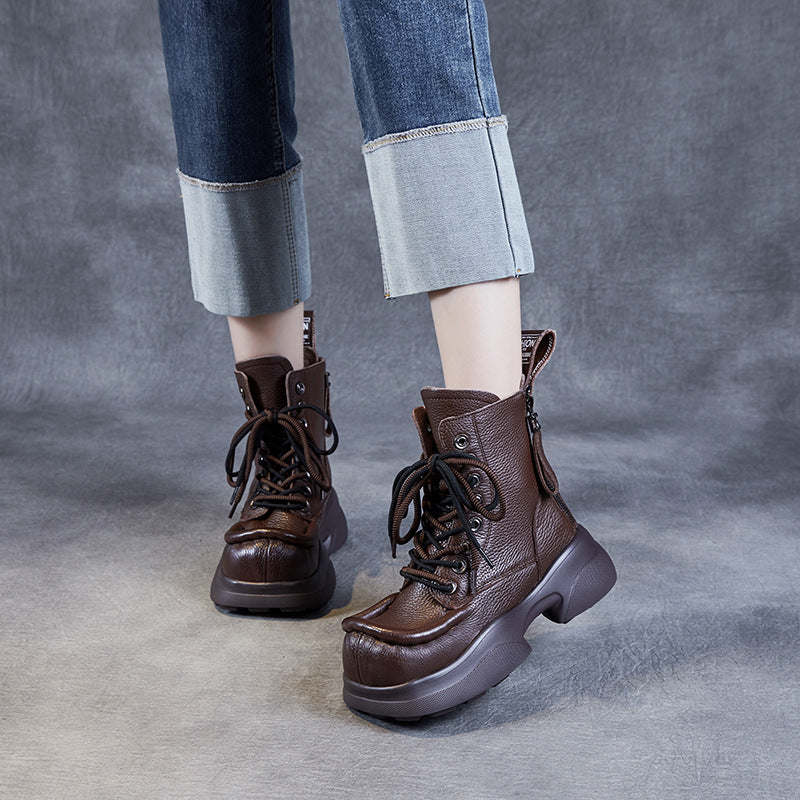 Female Square Toe Thick Bottom Martin Top Layer Women's Shoes