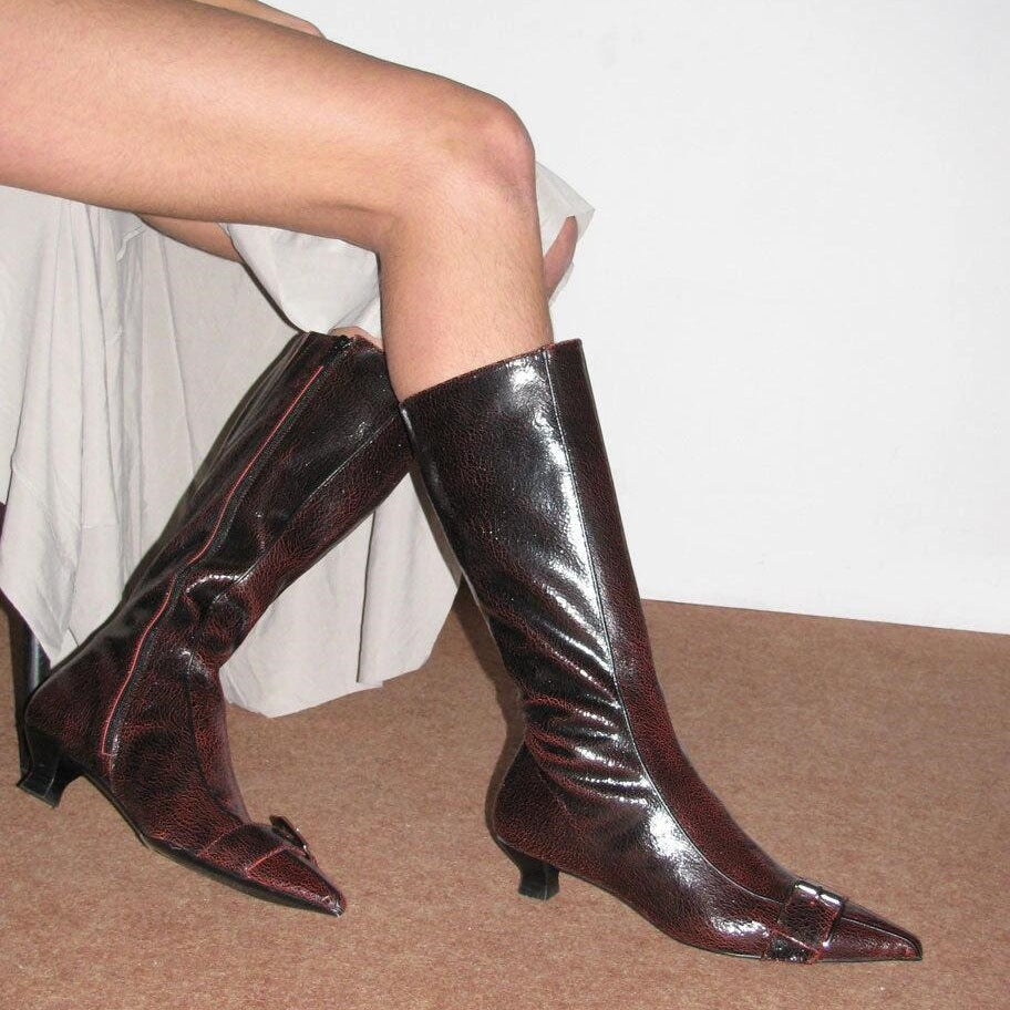 Women's Version Niche Retro Belt Buckle Chunky Side Zip Slimming Women's Leather Boots