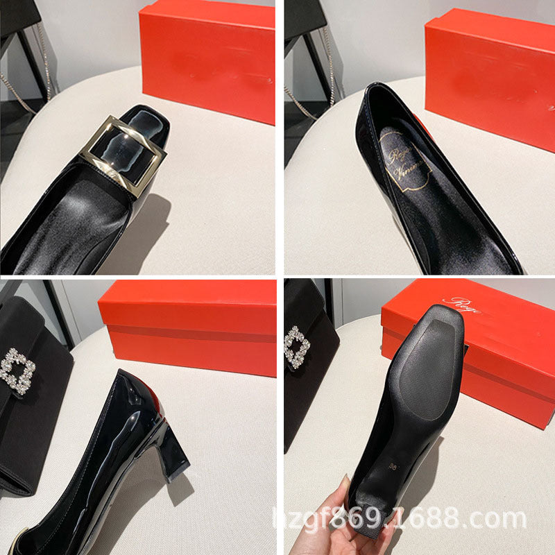 Women's Spring Patent Square Buckle Chunky Mid Women's Casual Shoes