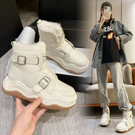 Women's Platform Winter Fleece-lined Cotton Belt Buckle Snow Boots