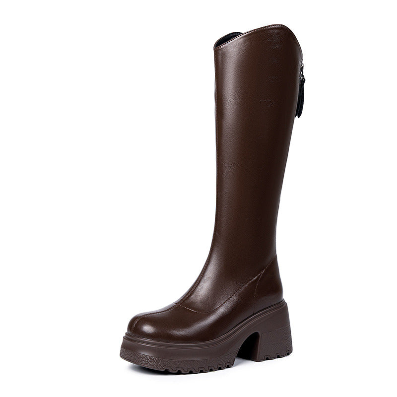 Women's Small Height Increased Thick Bottom Chunky Tall Women's Leather Boots