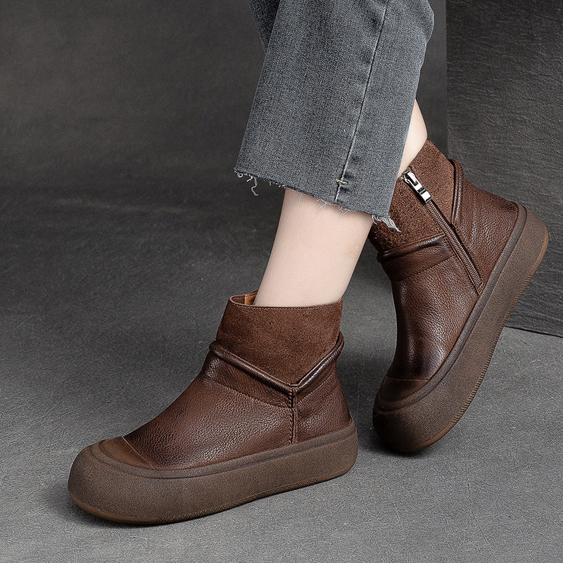 Women's Side Zipper Retro First Layer Cowhide Boots