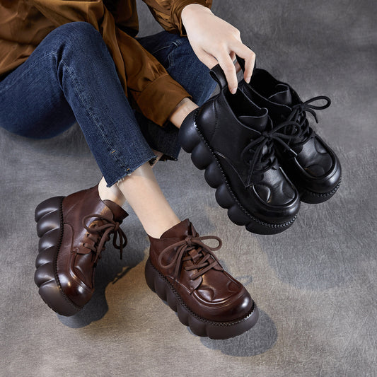 Women's British Retro Round Head Genuine Short Muffin Platform Women's Leather Boots