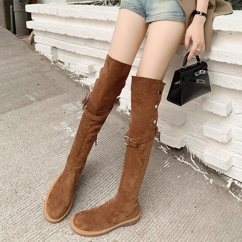 Retro Brown Two-way Wear Knee-high Cow Suede High Boots
