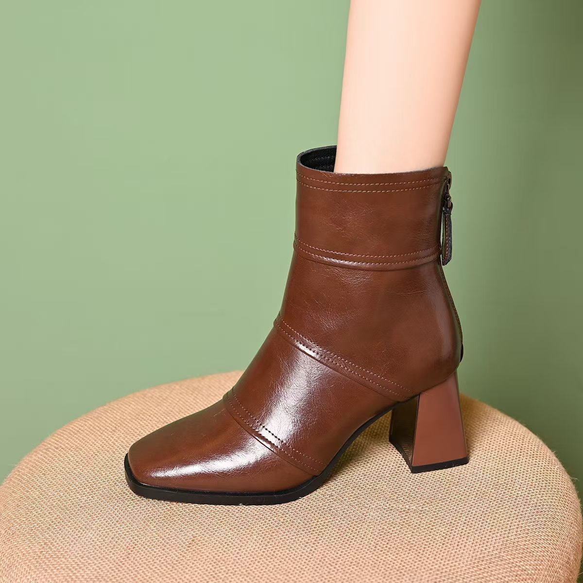 Women's Fashion Short Chunky Martin Brown Retro High Women's Leather Boots