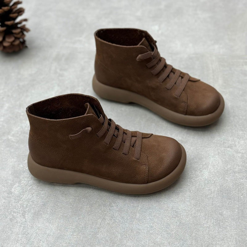 Women's Crafts Round Toe Flat Bottom Elastic Slip-on First Layer Women's Leather Boots