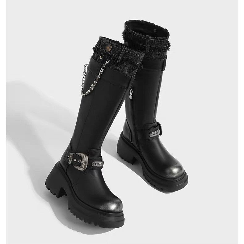 Women's Round Head Thick Bottom Knight Fashionable Stitching Women's Leather Boots