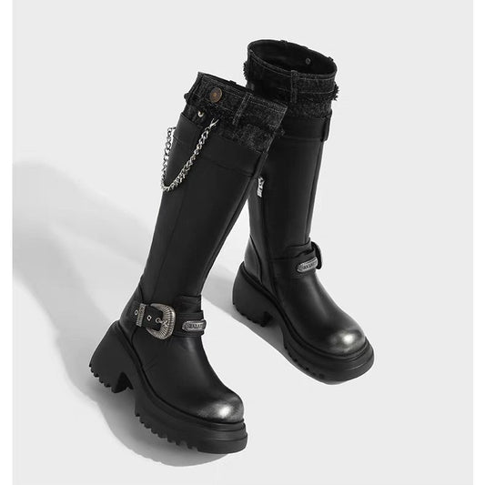 Women's Round Head Thick Bottom Knight Fashionable Stitching Women's Leather Boots