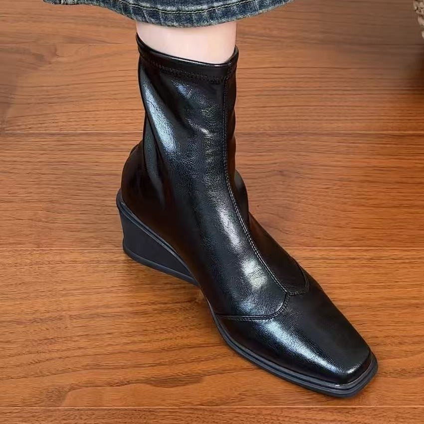 Women's Wedge Elegant Square Toe Skinny Winter High Stretch Women's Leather Boots