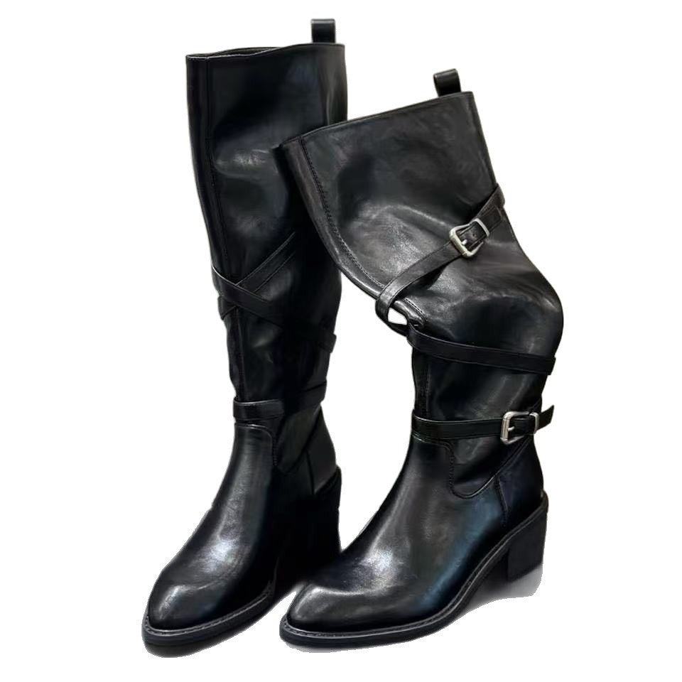 Leg Artifact Thick Bottom Cross Buckle Strap Below The Knee Women's Leather Boots