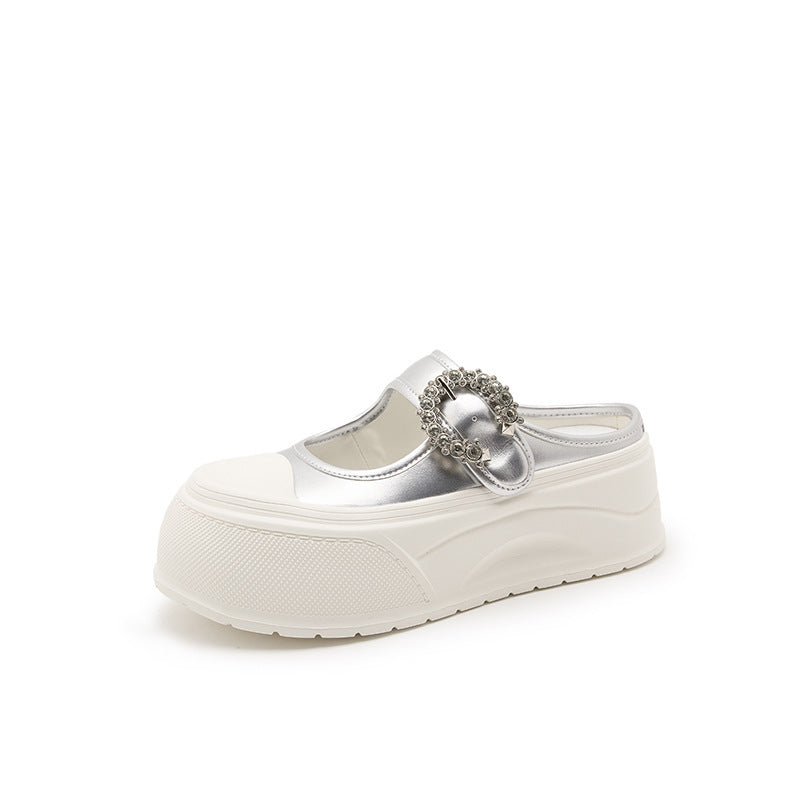 Women's Mary Jane Rhinestone Platform Muffin White Thick-soles Slippers