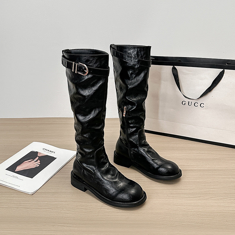 Thick Bottom Riding Plus Size Pleated Soft High Women's Leather Boots