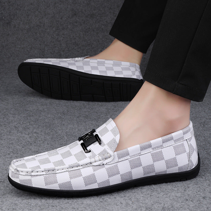 Men's Business Slip-on Flat Driving Plaid Cowhide Loafers