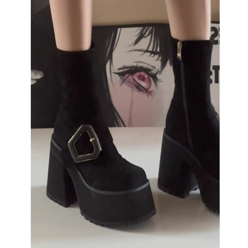 Thick Bottom Chunky Niche Short Female Hot Belt Buckle Waterproof Heels