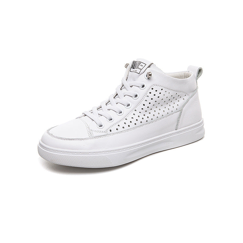 Women's Summer High Top White First Layer Cowhide Breathable Flat Leisure Heels