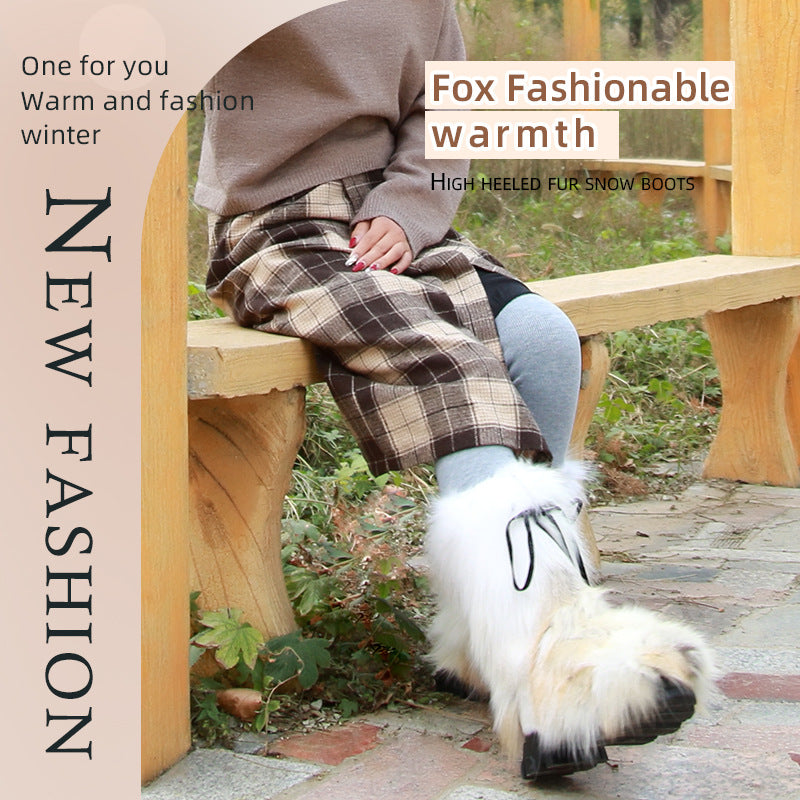 Women's Winter Outdoor Fox Fur Raccoon Snow Boots