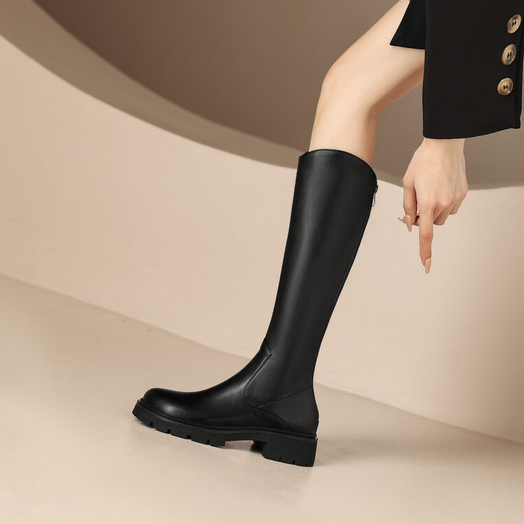 Women's Plus Size Korean Knight Round Head Chunky Below The Knee Women's Leather Boots
