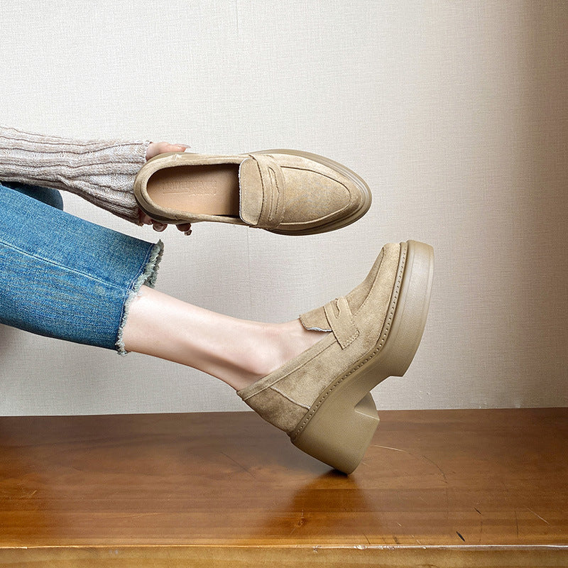 Women's Black British Style Small Height Increasing Casual Shoes