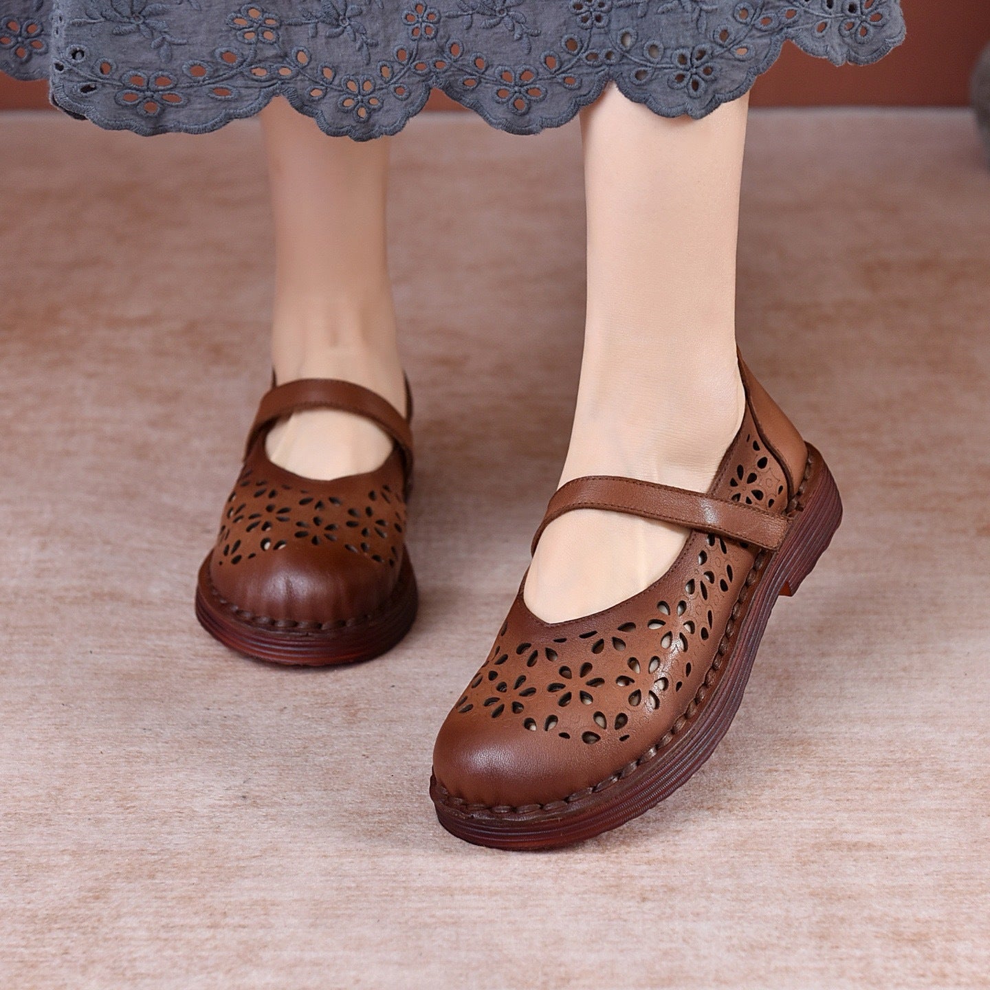 Women's Summer Cowhide Round Toe Velcro Soft Bottom Lightweight Loafers