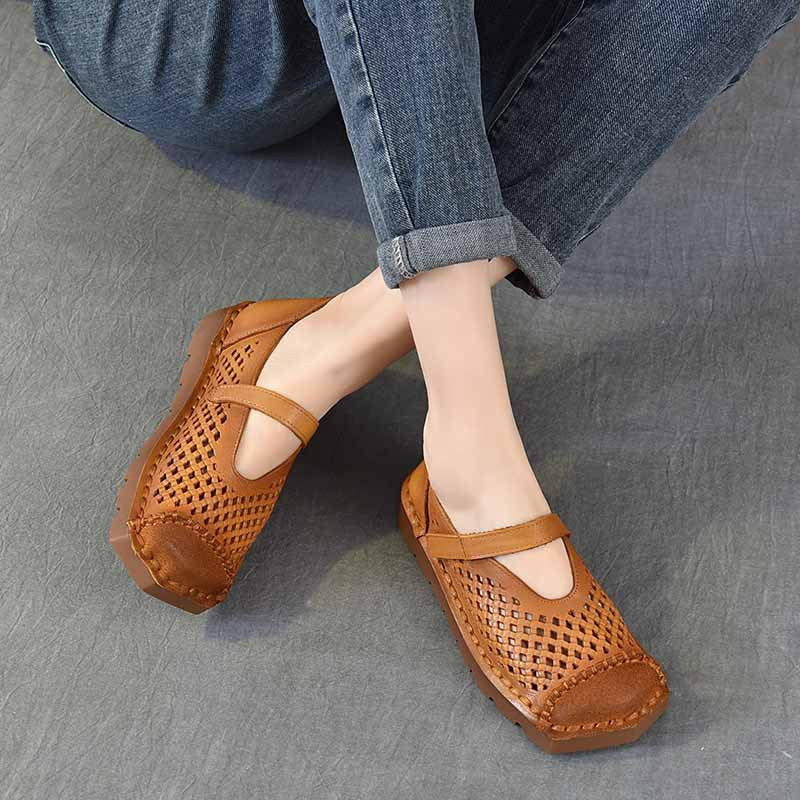 Women's Hollow Square Toe Breathable With First Layer Retro Holes In Sandals