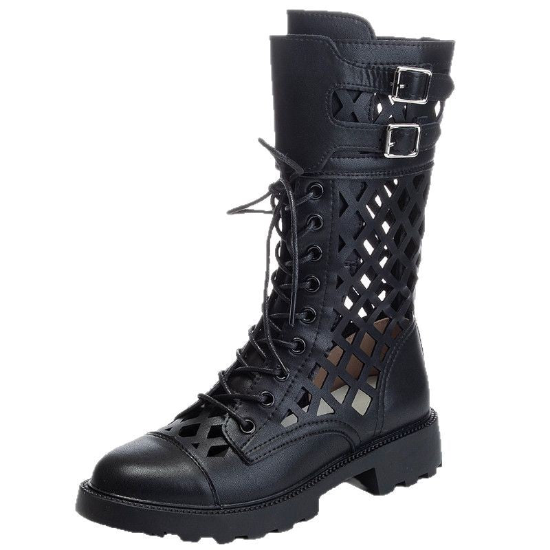 Women's Summer Versatile Mid Black Mesh Middle Hollow Heels