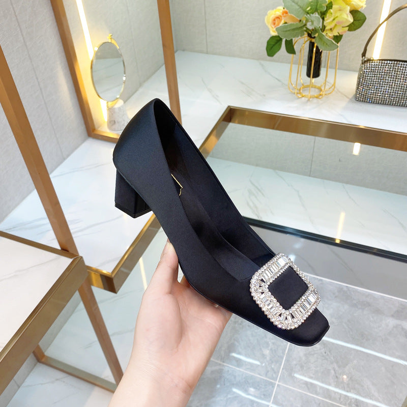 Women's Chunky Square Toe Rhinestone Versatile Single-layer Low-cut Women's Fashion Shoes