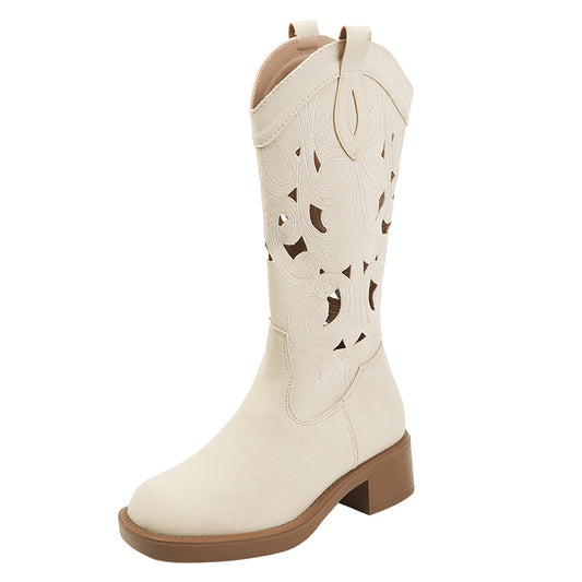 Retro Western Cowboy Hollow Summer Thin Long Female Breathable Women's Leather Boots