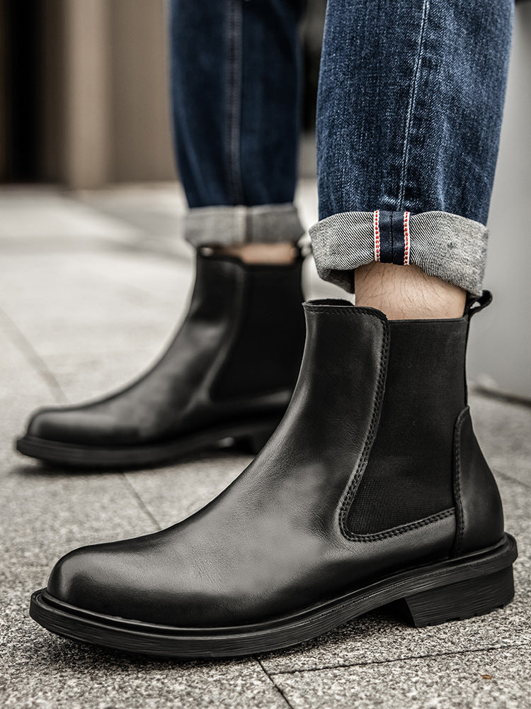 Men's British Business Smoke Pipe Thick-soled Green Round Toe Boots