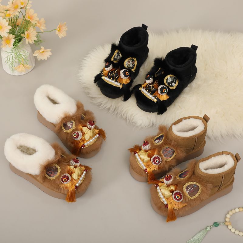 Winter Handmade Tiger Head Rabbit Fur Flat Bottom Comfort Cotton Women's Snow Boots