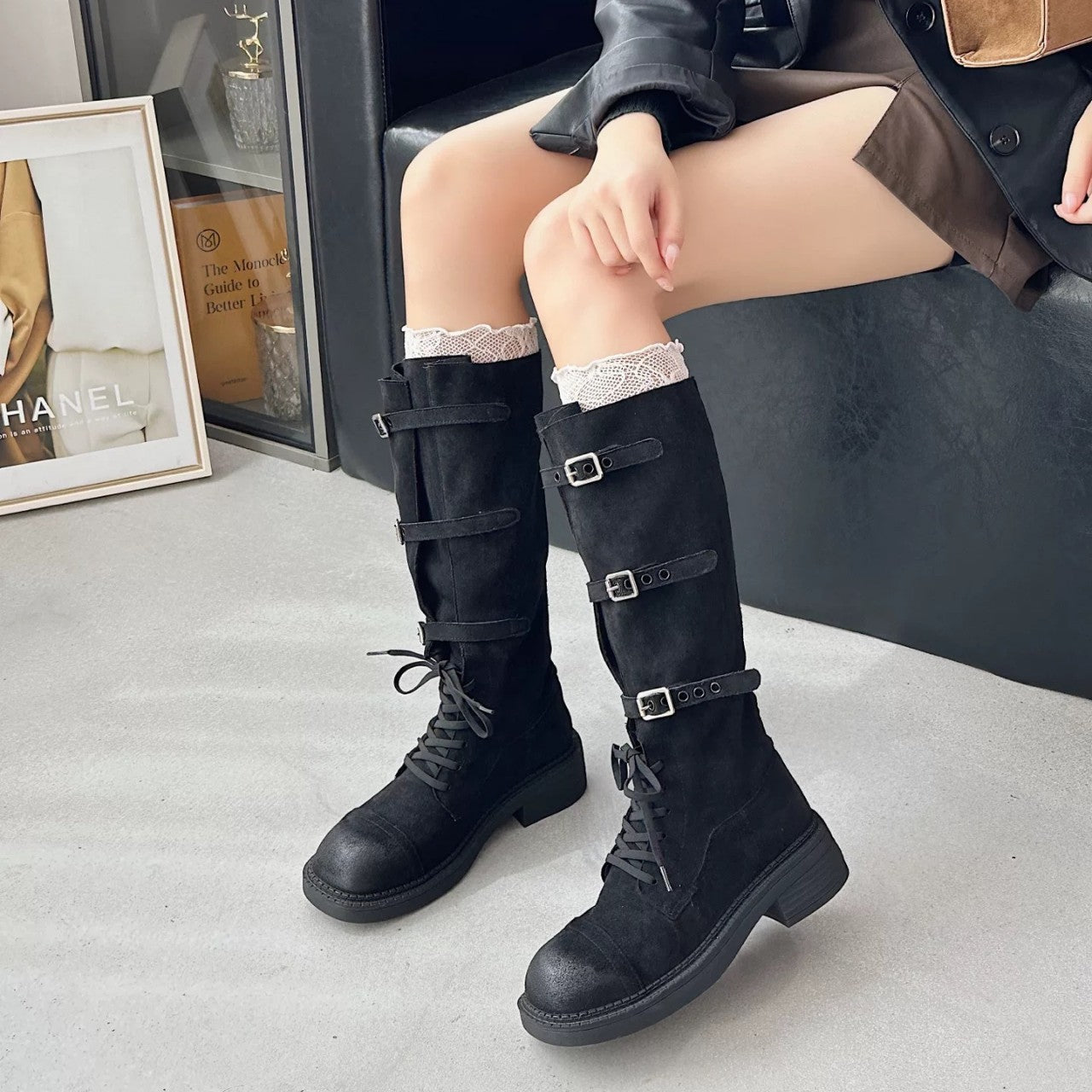 Chunky High Female Suede Knight Versatile Women's Leather Boots