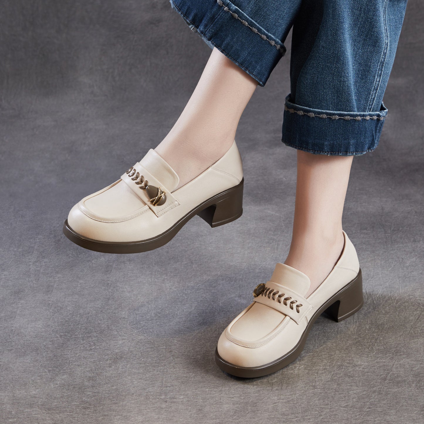 Women's Sheepskin Chunky Spring Genuine Slip-on Mid Round Loafers