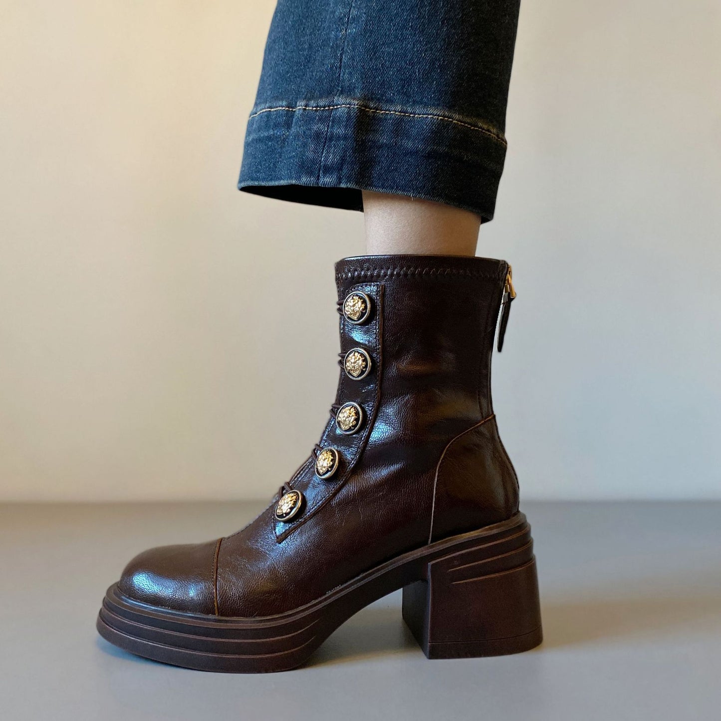 Women's Badge Small Golden Button Martin Thick Bottom Round Toe High Heels