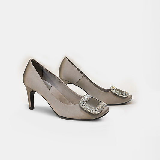 Women's Rhinestone Square Buckle Round Toe Satin Shallow Women's Fashion Shoes