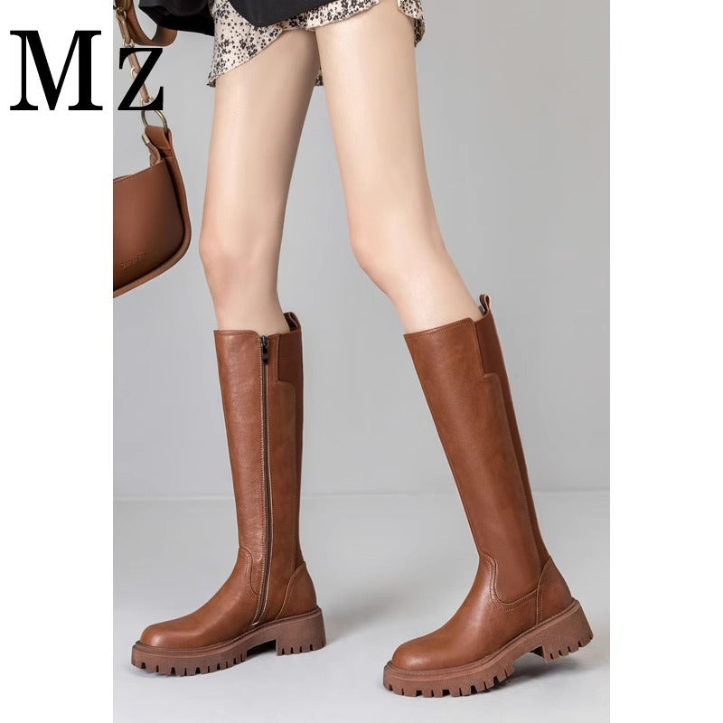 Tube Circumference Springy Thigh Thick Bottom Widened Women's Leather Boots