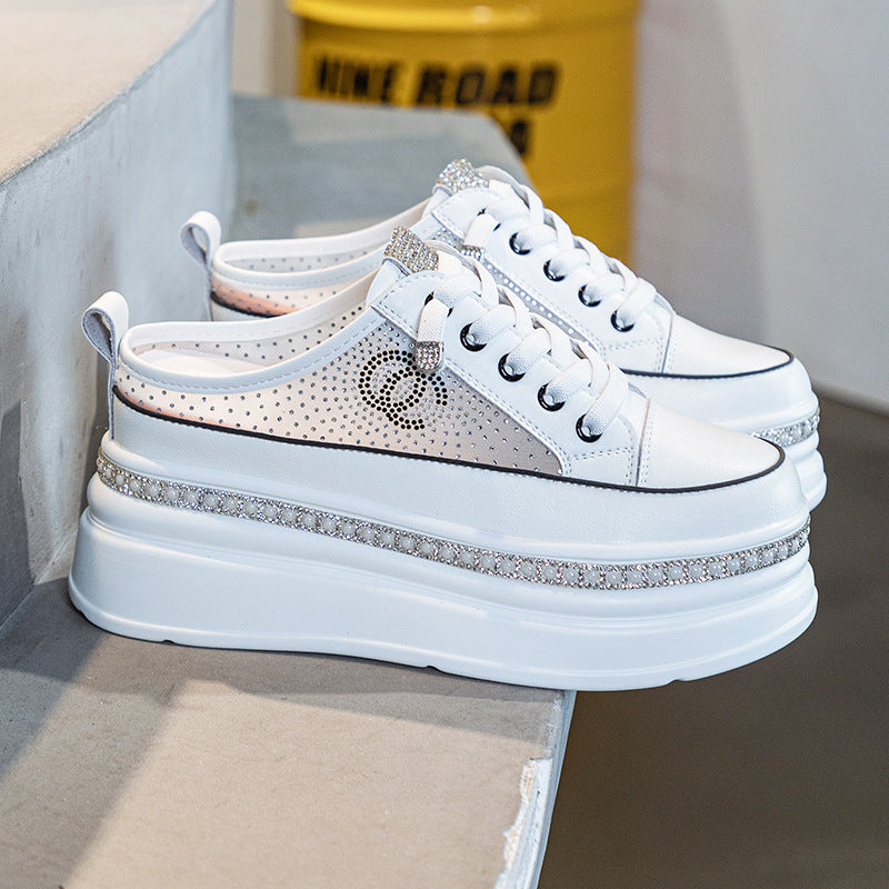 Women's Mesh Pearl Rhinestone Classic Style Leisure Thick-soles Slippers