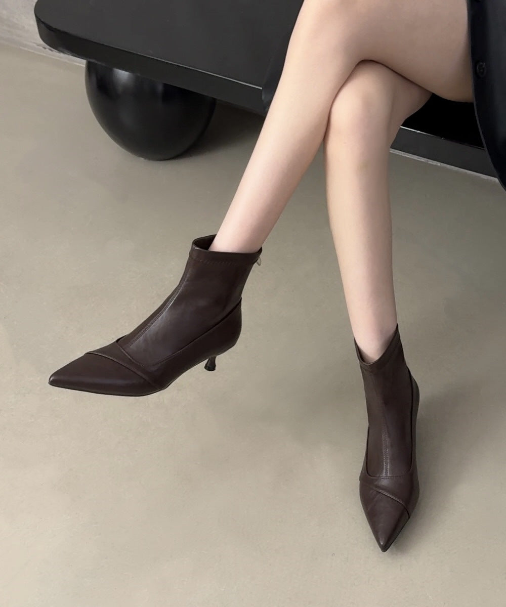 Women's High Back Zipper Stitching Short For French Style Design Stiletto Women's Leather Boots