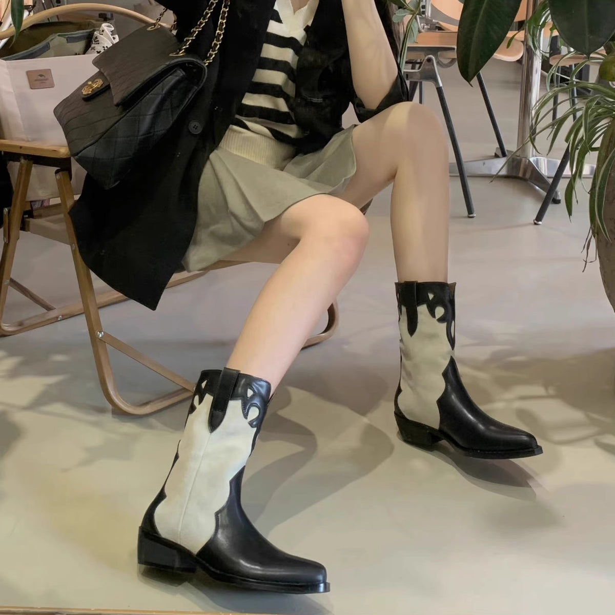 Women's Western Cowboy Retro Ankle Chunky Sleeve Pointed Women's Leather Boots