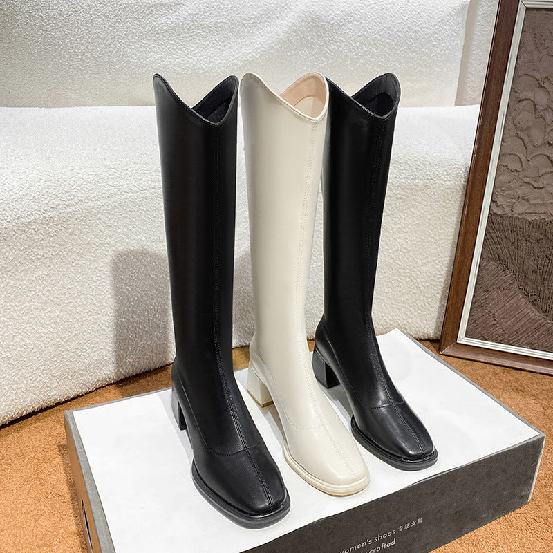 Square Head Knight Chunky Long Female Women's Leather Boots