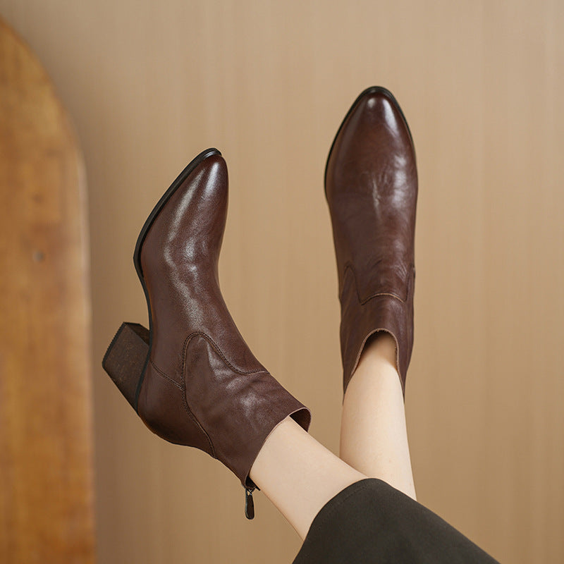 Women's French Retro Pointed Toe Mid Single Martin Ankle Women's Leather Boots