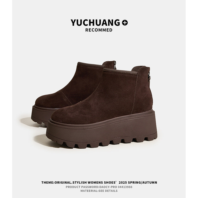 Women's Cow Suede Platform Ankle Early Autumn Matte Hidden High-grade Retro Women's Leather Boots