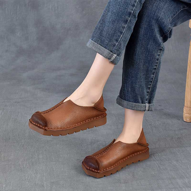 Women's First Layer Cowhide Vintage Soft Bottom Surface Square Toe Step-on Women's Casual Shoes