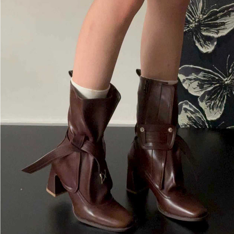 Women's Short French Fashion High Chunky Simple Retro Minority Women's Leather Boots