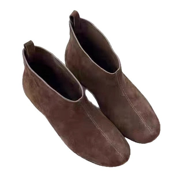 Suede Round Toe Flat Bottom Skinny Booties Female Women's Leather Boots