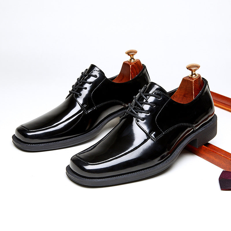 Men's Square Toe Glossy High-grade Paint Formal Wear British Derby Leather Shoes